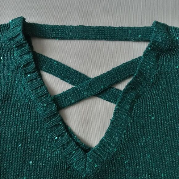 Guess Blue Green Knit V-Neck Sequins Crisscross Pullover Sweater Women's Medium - Picture 14 of 14